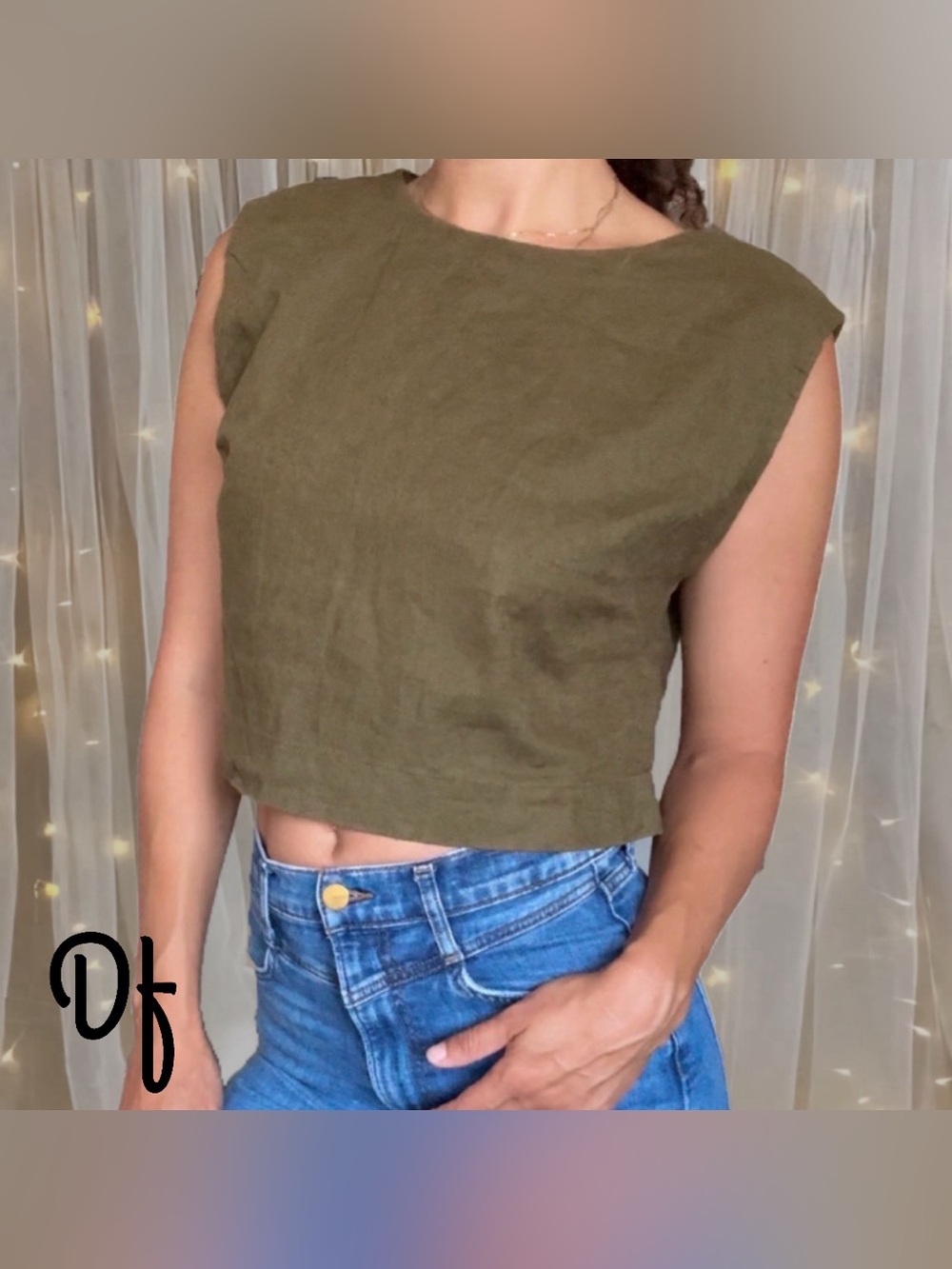 Sleeveless Olive Green Linen Crop Top - Classic Women's Tank Size S